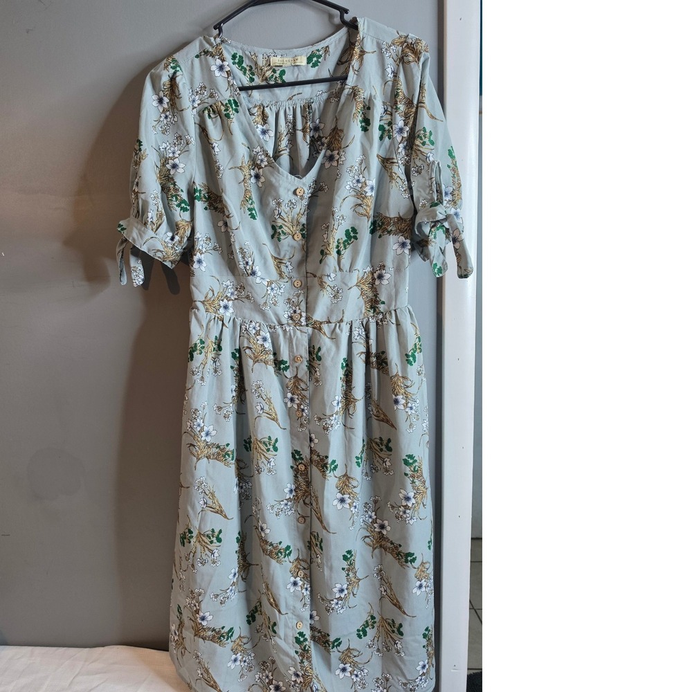 Polagram Sage Green Floral Button Front Smocked Waist Midi Dress Large